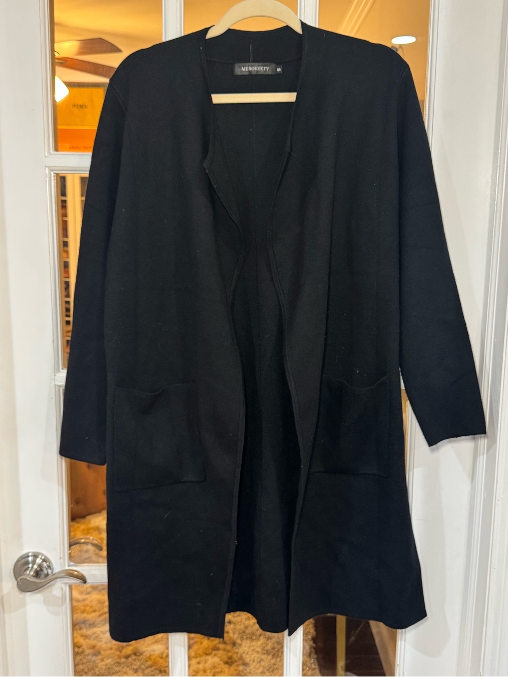 Black Open-Front Long Cardigan with Patch Pockets Slits Cover up, sweater - Picture 5 of 12